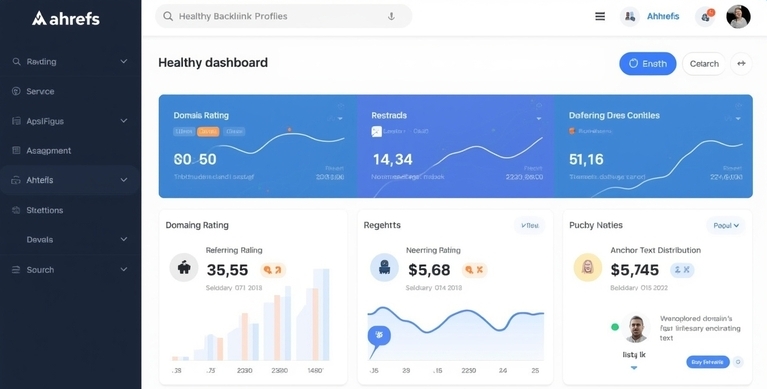 Dashboard Ahrefs menunjukkan profil backlink yang sehat dengan berbagai metrik