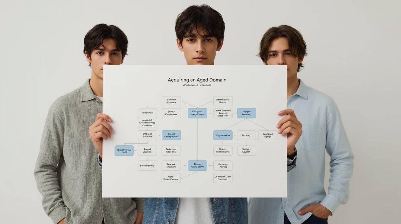 Flowchart menunjukkan proses akuisisi aged domain lengkap dari riset hingga implementasi